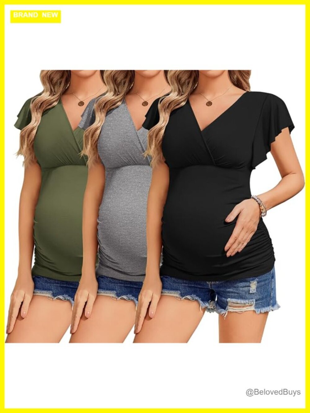 3 Pack Maternity Nursing Tops Short Sleeve V-Neck Side Ruched Breastfeeding Tees
